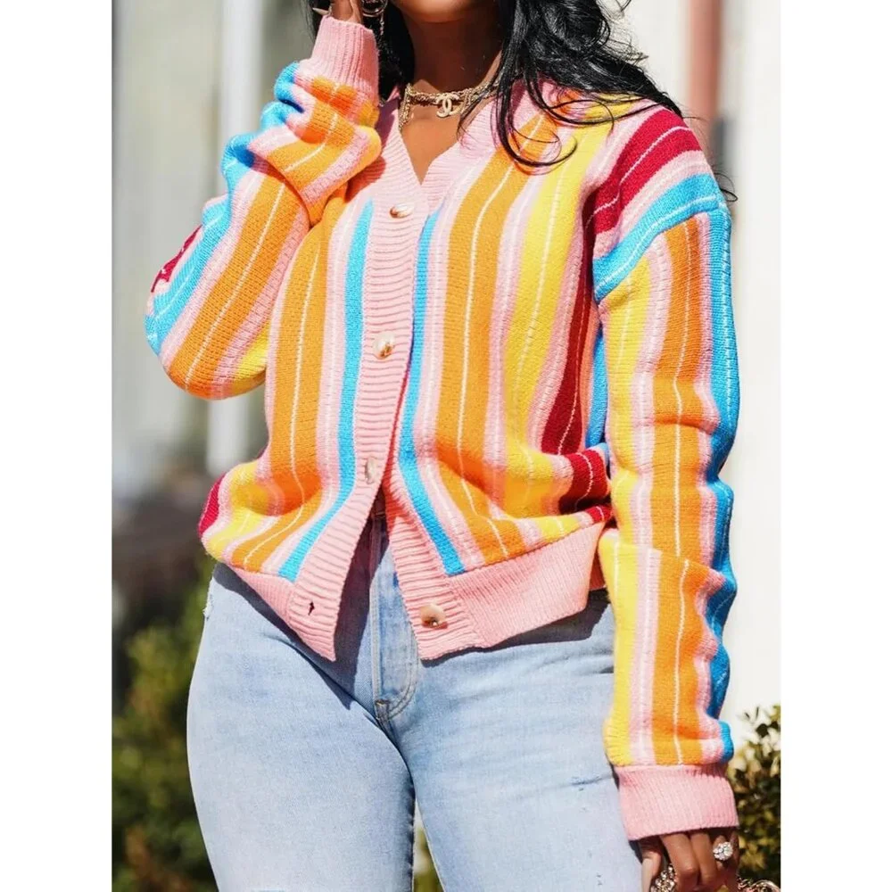 Women's Rainbow Striped Long Sleeve Button V Neck Block Knit Loose Sweater Coat - Picture 4 of 6